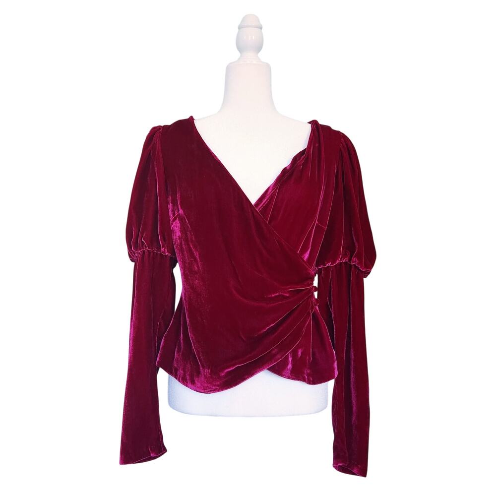 NWT Cinq à Sept Theo Silk Velvet Puff Sleeve Wrap Top Fuschia Women's S